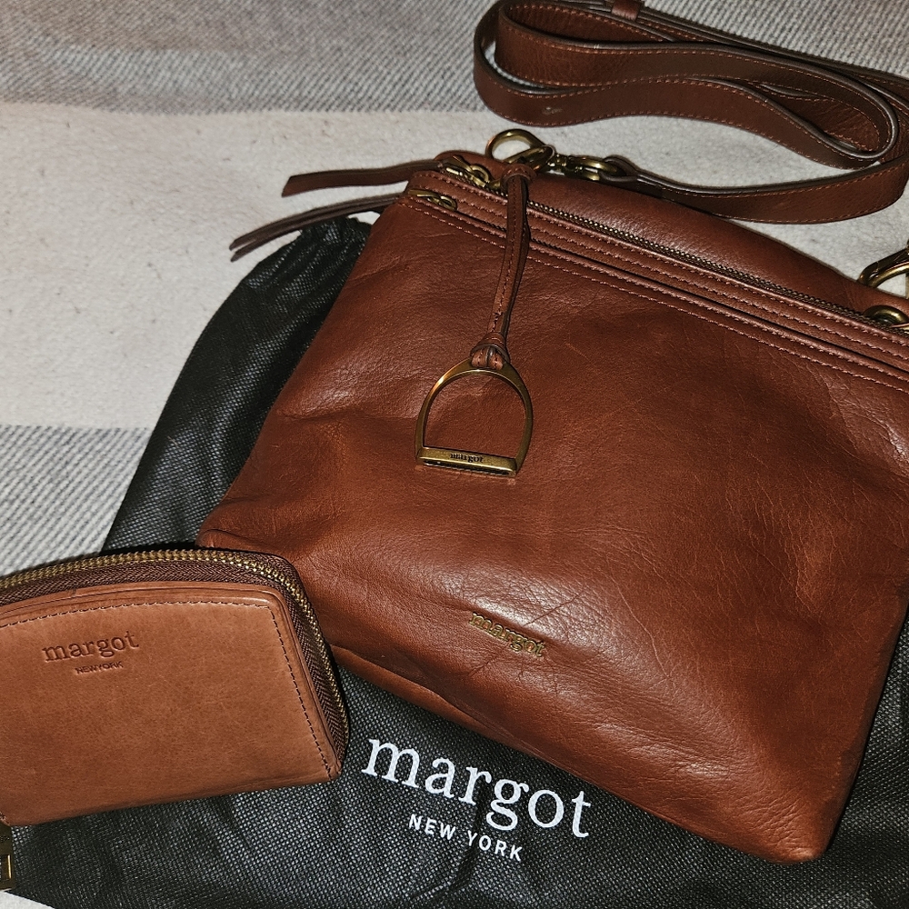 Margot New York Brown Cognac Soft Leather Crossbody Bag & Matching Wallet